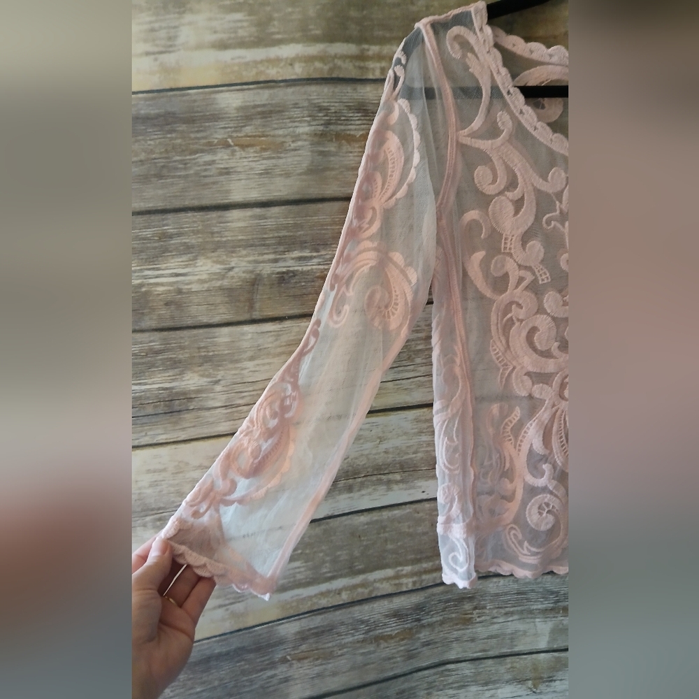 Express Pink Lace Long Sleeve Blush Pink Women Top, Sheer - Picture 5 of 14